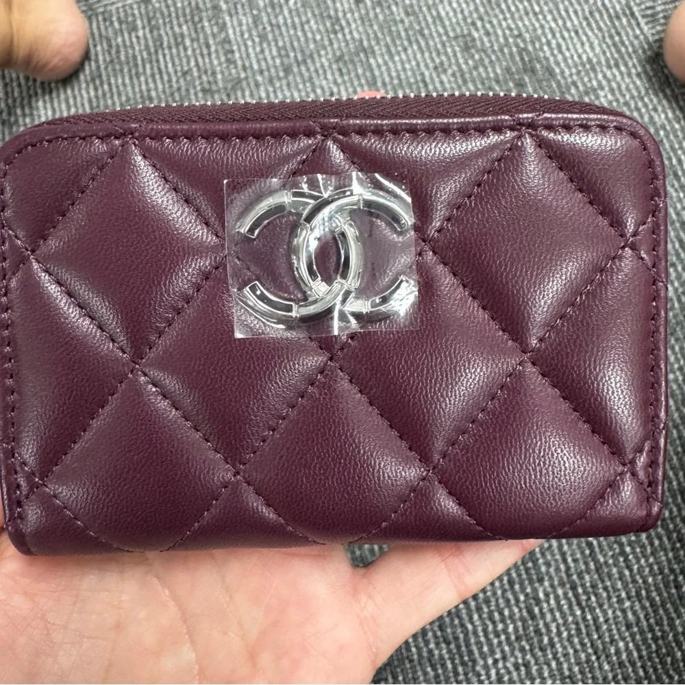 Chanel Dark Burgundy Quilted Wallet Coin Purse with Zip around  CC logo